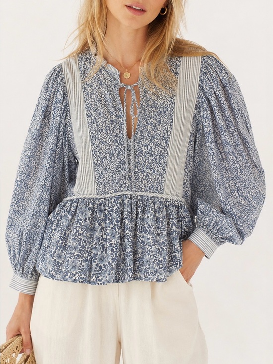 American Eagle Outfitters Tops - American Eagle NWT Mixed Floral Boho Peasant Blouse Top Blue Balloon Sleeve XS